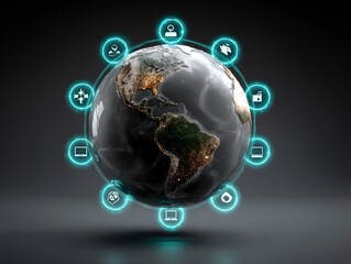 Digital Earth Globe with Glowing Icons Technology Concept.
