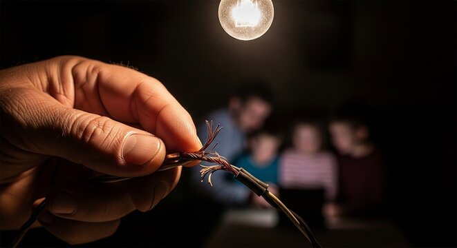 A person's hands work on exposed electrical wires under a single lightbulb while a family sits in the dark background.