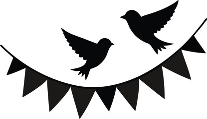 Two black bird silhouettes flying over a festive garland isolated on white background silhouette