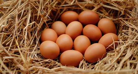 Fresh brown eggs nestled in straw, ready for collection and use in various culinary preparations and recipes
