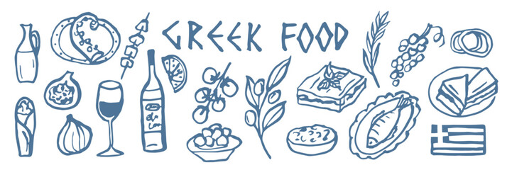 Hand drawn doodle greek food collection