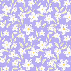 fresh vector pattern featuring delicate white flowers with yellow centers and soft green leaves, set against a pastel purple background, perfect for spring and nature themed designs