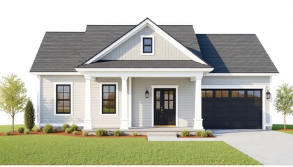 Fototapeta premium Newly Built Single Family Home with Gray Exterior, Dark Trim, Well-Maintained Lawn and Professional Landscaping on a Bright Day