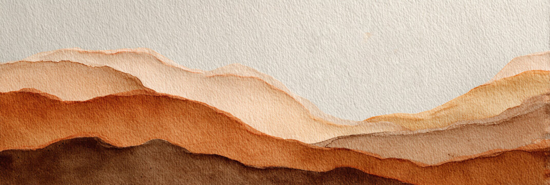 Paisaje abstracto de acuarela en tonos terrosos, capas onduladas que evocan monta&ntilde;as o dunas.