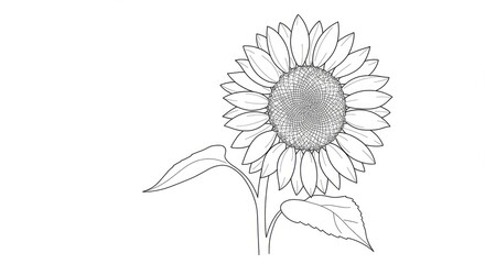 Fototapeta premium Elegant line art sunflower with detailed center and leaves, perfect for botanical illustrations, design elements, or summer themes, evoking natural beauty and simplicity.