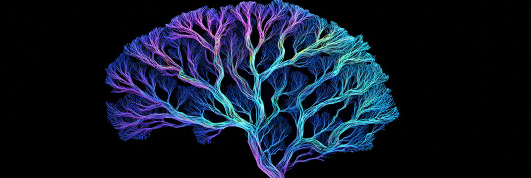 Cerebro abstracto con neuronas interconectadas en colores vibrantes sobre fondo negro, concepto de ciencia.