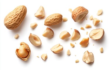 Cracked Peanuts and Shelled Nuts on White Background for Food Photography