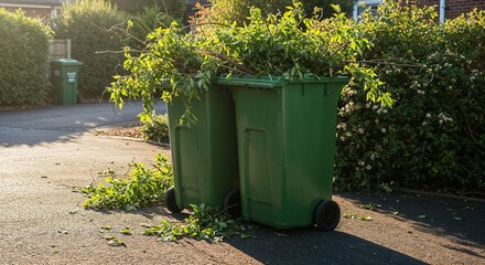 Obraz premium Garden waste bin with trimmed branches in morning light on driveway in photorealistic realism