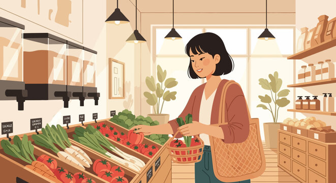 Young Woman Consciously Shopping for Fresh Produce at a Sustainable Market, Embracing a Healthy and Eco-Friendly Lifestyle for a Balanced Diet.