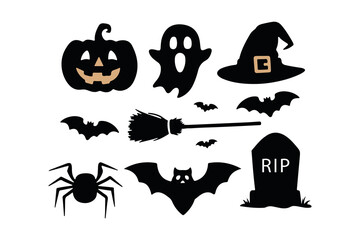 halloween silhouette icons with pumpkin ghost witch hat bats broom spider and tombstone for spooky festive design