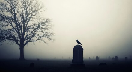 Halloween day, a solitary crow perches on a tombstone in a foggy, eerie cemetery with a bare tree in the background