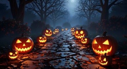 A spooky path lined with glowing jack-o'-lanterns leads through a dark and foggy forest on a scary Halloween night.