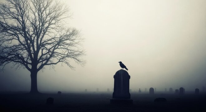 Halloween day, a solitary crow perches on a tombstone in a foggy, eerie cemetery with a bare tree in the background