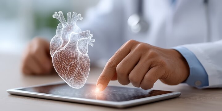 Doctor uses digital tablet analyze heart model. Represents medical technology, healthcare, diagnosis. It symbolizes innovation, cardiology, scientific advancements in medical field. Focus is on heart