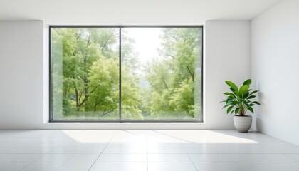 Fototapeta premium Minimalist room with abundant natural light showcases trees outside a large window and a potted plant