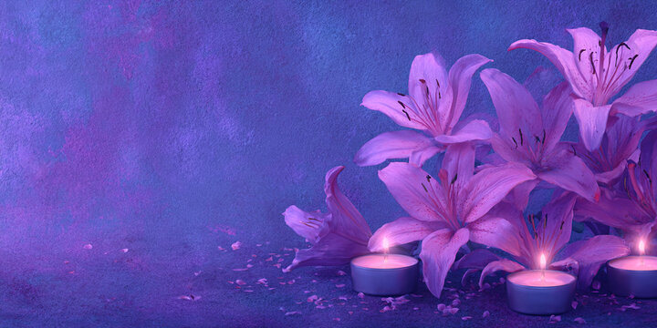 Lirios morados y velas encendidas sobre un fondo texturizado azul y morado, ambiente sereno y espiritual.