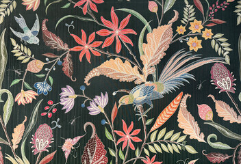 Random abstract colorful flower and leaves illustration. Floral and foliage theme with black background. For wallpaper, fabric, and upholstery curtain. Illustration seamless background texture.