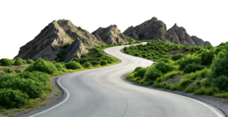 Mountain Road Winding Through Lush Green Landscape with Rocky Peaks Isolated on white background