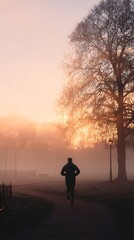 Misty morning run in a park.