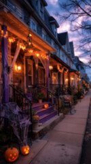 Fototapeta premium Blurred background streets and houses decorated for Halloween with pumpkins and spooky decorations, eerie atmosphere. Concept of Halloween celebration, autumn festivity, and seasonal decor.
