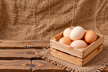 Fresh eggs displayed in wooden crate on rustic table  
