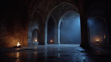 Fototapeta premium Flickering flames cast shadows in an ancient stone structure with high arches and a dark atmosphere, creating a mysterious and eerie ambiance at dusk