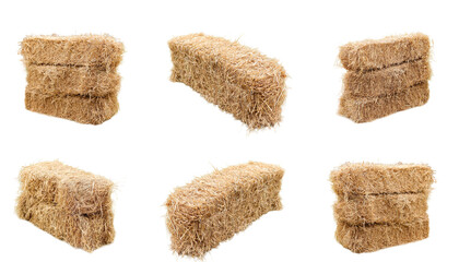Different arrangements of straw bales used for agricultural purposes in a rural setting captured during daylight