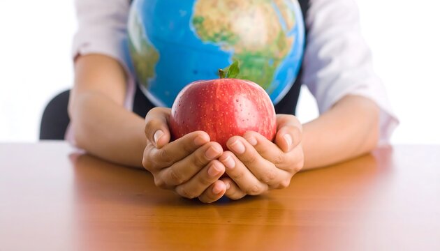 Hands hold a red apple in front of a globe - Powered by Adobe