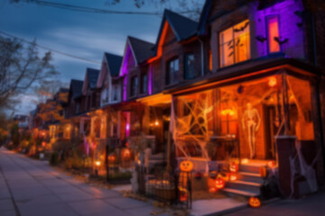 Obraz premium Blurred background streets and houses decorated for Halloween with pumpkins and spooky decorations, eerie atmosphere. Concept of Halloween celebration, autumn festivity, and seasonal decor.