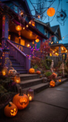 Obraz premium Blurred background streets and houses decorated for Halloween with pumpkins and spooky decorations, eerie atmosphere. Concept of Halloween celebration, autumn festivity, and seasonal decor.