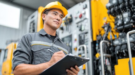 A professional wearing a hard hat and a work uniform conducts an inspection at a construction site. He is taking notes on a clipboard while assessing machinery and equipment