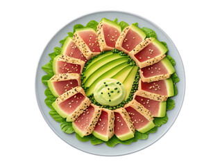 Seared tuna salad with avocado and wasabi dressing isolated on transparent background isolated on white background