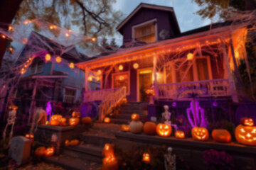 Obraz premium Blurred background streets and houses decorated for Halloween with pumpkins and spooky decorations, eerie atmosphere. Concept of Halloween celebration, autumn festivity, and seasonal decor.
