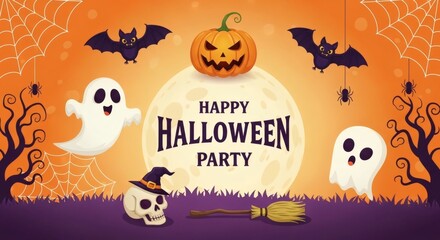 Halloween day, happy halloween party with ghosts, pumpkin, bats, skull, and broomstick on a full moon night