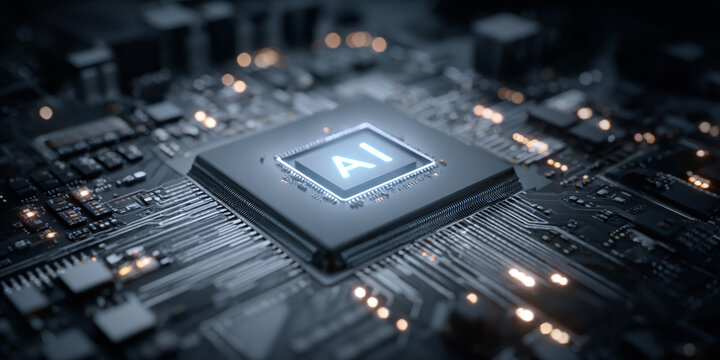 Procesador de inteligencia artificial con la palabra "AI" iluminada en la placa de circuito.