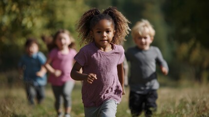 Fototapeta premium Group of diverse children running and playing in a park
