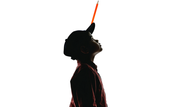 Powerful Silhouette of a Child Standing Tall with a Pencil in Hand Isolated on Transparent Background