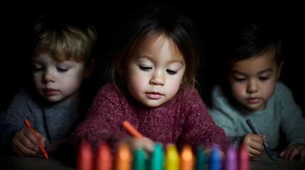 Children engrossed in creative drawing with crayons