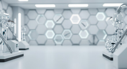 Futuristic Lab: An advanced laboratory interior, a symphony of pristine white and clean lines, features robotic equipment and high-tech elements.