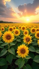 Sunflowers Swaying Gently Under a Vibrant Summer Sky A Breathtaking Vista of a Vast Field Stretching to the Horizon, Evoking Serene Natural Beauty