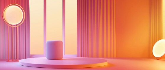 Pastel Room with Stage, Modern Lamps, and Window Light, Abstract Composition.
