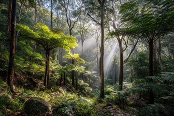 Obraz premium Sunlight streams through ferns in a lush forest