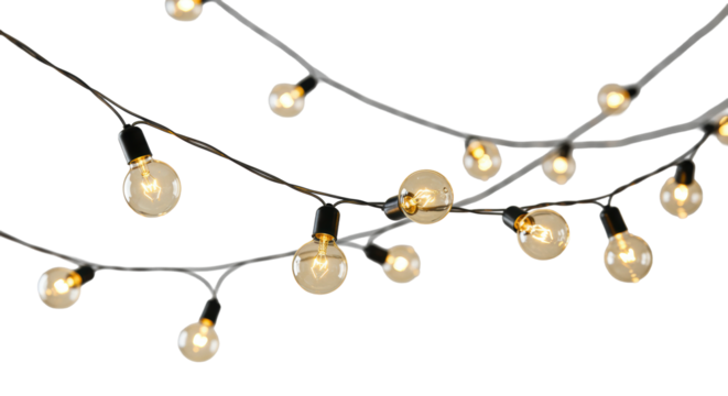 Glowing globe lights in dynamic staggered pattern, white studio background with soft bokeh, symbolizing innovation, interconnectedness. Concept of future solutions