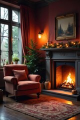 Fototapeta premium A cozy living room with a fireplace, plush armchair, and warm lighting, creating a relaxed and inviting atmosphere Perfect for autumn or winter scenes , pillows, brick