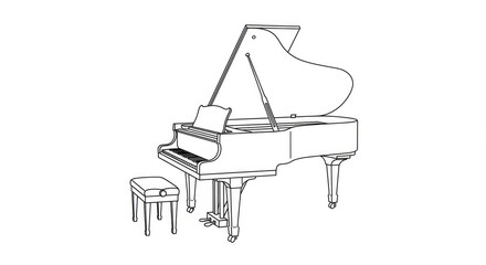 Captivating grand piano with bench, a timeless symbol of musical elegance and artistic expression ready to fill any space with beautiful melodies.