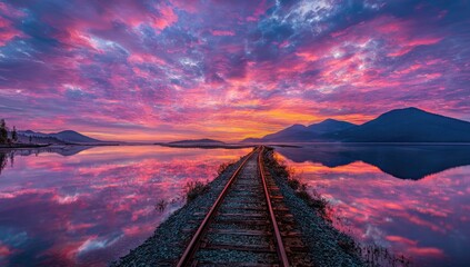 Tranquil sunrise over a lake reflected in railroad tracks