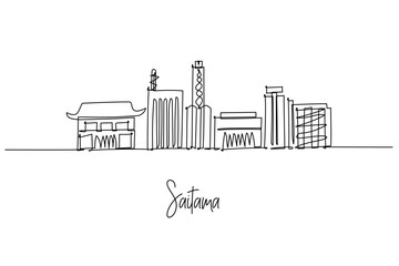 Fototapeta premium Saitama city skyline in Japan as a single line drawing, with Saitama Stadium, Railway Museum and towers in Omiya, a cityscape concept showcasing Kanto lifestyle, commute culture, travel and city life.