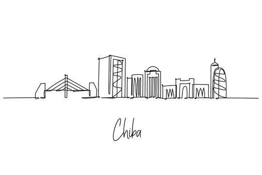 Chiba city skyline in Japan as a continuous line drawing, featuring port tower, Makuhari Messe and bay bridge within a sleek cityscape concept highlighting Tokyo Bay lifestyle, travel, and urban life.