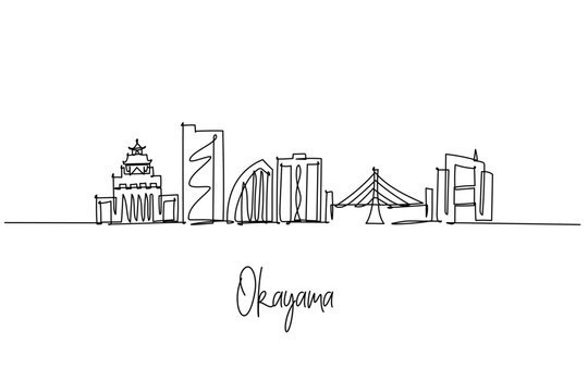 Okayama city skyline in Japan as a continuous line drawing, with Okayama Castle, Korakuen and bridges, a tranquil cityscape concept honoring garden culture, Chugoku heritage, travel, and urban life.