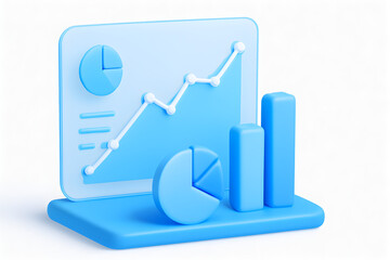 Modern 3d illustration of a financial analytics dashboard showcasing upward trend graph pie charts and bar charts in light blue on white background